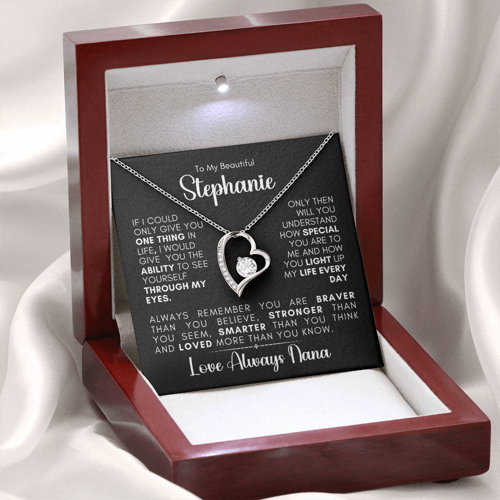 Luxury gift box with black message card display the following message in wht text IF I COULD ONLY GIVE YOU ONE THING IN LIFE, I WOULD GIVE YOU THE ABILITY TO SEE YOURSELF THROUGH MY EYES.
ONLY THEN WILL YOU UNDERSTAND HOW SPECIAL YOU ARE TO ME AND HOW YOU LIGHT UP MY LIFE. ALWAYS REMEMBER YOU ARE BRAVER THAN YOU BELIEVE, STRONGER THAN YOU SEEM, SMARTER THAN YOU THINK AND LOVED MORE THAN YOU KNOW. personalize the to and from