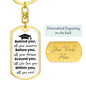 Gold Swivel Keychain with A GRADUATION CAP AND the text BEHIND YOU ALL, YOUR MEMORIES bEFORE yOU, ALL YOUR DREAMS aROUND yOU ALL WHO LOVE YOU WITHIN YOU, ALL YOU NEED pERSONAL eNGRAVING oN THE bACK