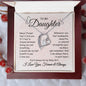 a gift displaying a heartfelt message, The message card reads: Never forget that I love you. If I had to choose between loving and breathing, I would use my last breath to say I love you. Whenever you feel inadequate, unworthy, or unloved, straighten your necklace and remember that I am always there in your heart. You'll always be my bay girl. I love you, forever & always.