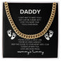 a message card that reads Daddy I can't wait to meet you! I may be just a bump, but I love you already more than you'll ever know. you're doing a great job. you're my hero already. keep this close to your heart until I can cuddle up WITH you. love and Kicks from, Mommy's Tummy including a GOLD Cuban link chain and baby feet in a STANDARD gift box.