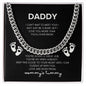 a message card that reads Daddy I can't wait to meet you! I may be just a bump, but I love you already more than you'll ever know. you're doing a great job. you're my hero already. keep this close to your heart until I can cuddle up WITH you. love and Kicks from, Mommy's Tummy including a STAINLESS Cuban link chain and baby feet in a STANDARD gift box.