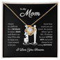a message card with a black background with white text displaying a heartfelt message from a son to his mom it reads: "I know it's difficult for a woman to raise a man, and there's no way I'll be able to repay you. I just wanted let you know how much you are loved. No matter where I go in life, I'll always be your little boy and you'll always be my caring mother. I love you Forever,." with a gold love knot pendant necklace in a stylish 2 tone gift box