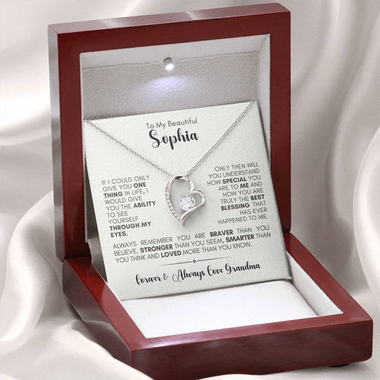 Jewelry mahgony Gift box with LED & white message card and white gold finish necklace with a heart pendant with a white stone.  message card reads IF I COULD ONLY GIVE YOU ONE THING IN LIFE, I WOULD GIVE YOU THE ABILITY TO SEE YOURSELF THROUGH MY EYES.
ONLY THEN WILL YOU UNDERSTAND HOW SPECIAL YOU ARE TO ME AND HOW YOU ARE TRULY THE BEST BLESSING THAT HAS EVER HAPPENED TO ME. ALWAYS REMEMBER YOU ARE BRAVER THAN YOU BELIEVE, STRONGER THAN YOU SEEM, SMARTER THAN YOU THINK AND LOVED MORE THAN YOU KNOW.