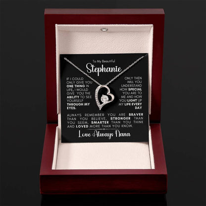 Luxury gift box with black message card display the following message in wht text IF I COULD ONLY GIVE YOU ONE THING IN LIFE, I WOULD GIVE YOU THE ABILITY TO SEE YOURSELF THROUGH MY EYES.
ONLY THEN WILL YOU UNDERSTAND HOW SPECIAL YOU ARE TO ME AND HOW YOU LIGHT UP MY LIFE. ALWAYS REMEMBER YOU ARE BRAVER THAN YOU BELIEVE, STRONGER THAN YOU SEEM, SMARTER THAN YOU THINK AND LOVED MORE THAN YOU KNOW. personalize the to and from