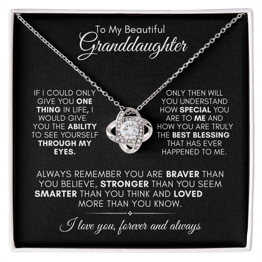 TO MY BEAUTIFUL GRANDDAUGHTER LOVE KNOT NECKLACE #LG_GD+BLK_WHT_LK