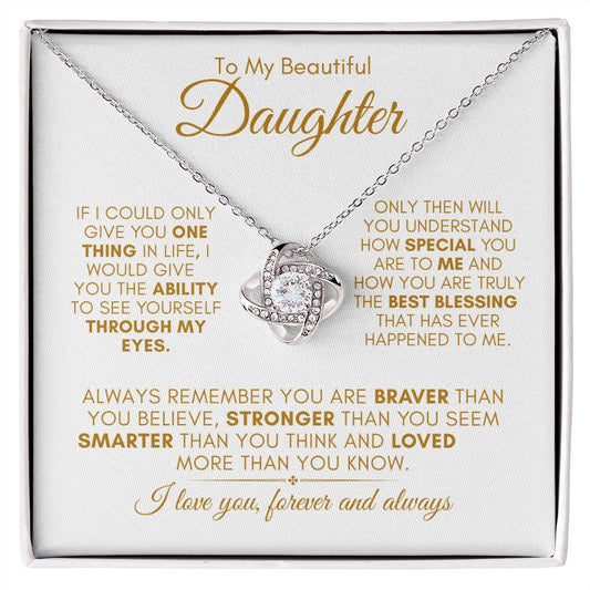TO MY BEAUTIFUL DAUGHTER LOVE KNOT NECKLACE #LG_BG_WHT_GLD_LK