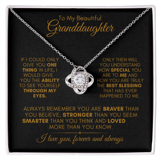 TO MY BEAUTIFUL GRANDDAUGHTER  LOVE KNOT NECKLACE #LG_BLK_GLD_LK