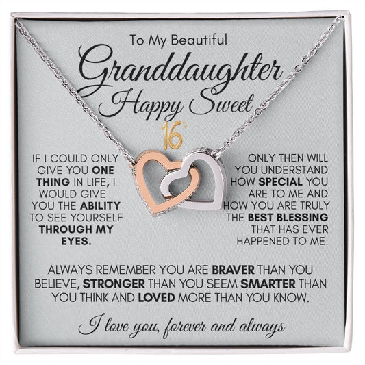 TO MY BEAUTIFUL GRANDDAUGHTER HAPPY SWEET 16TH  INTERLOCKING HEARTS NECKLACE #LG_WHT_BLK_GD_IH_S16