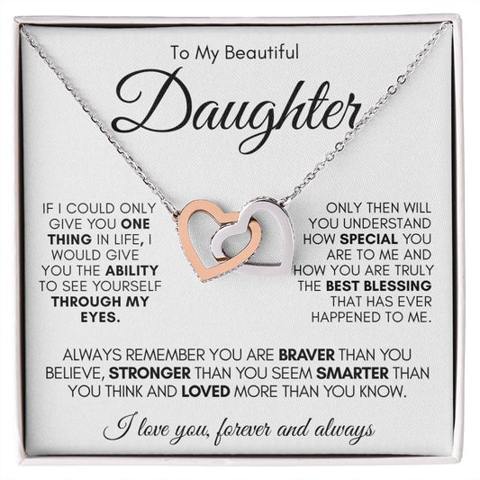 TO MY BEAUTIFUL DAUGTHER  INTERLOCKING HEARTS NECKLACE #LG_WHT_BLK_D_IH