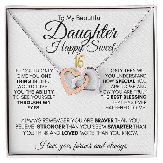 TO MY BEAUTIFUL DAUGHTER HAPPY SWEET 16TH INTERLOCKING HEARTS NECKLACE