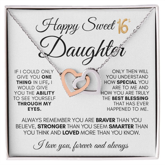 HAPPY SWEET 16TH DAUGHTER INTERLOCKING HEARTS NECKLACE #LG_WHT_BLK_D_IH_S16_B